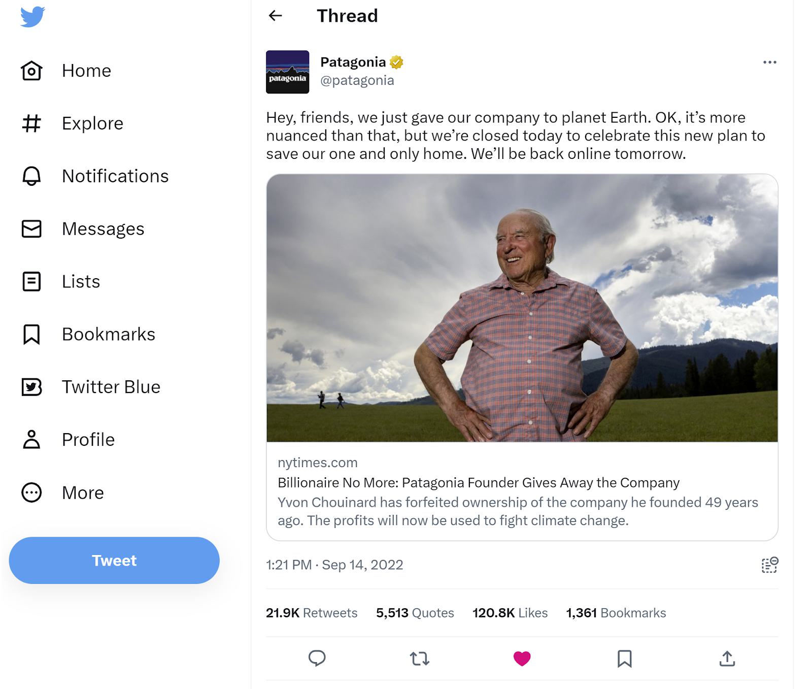 A screenshot of a post on X by the brand Patagonia