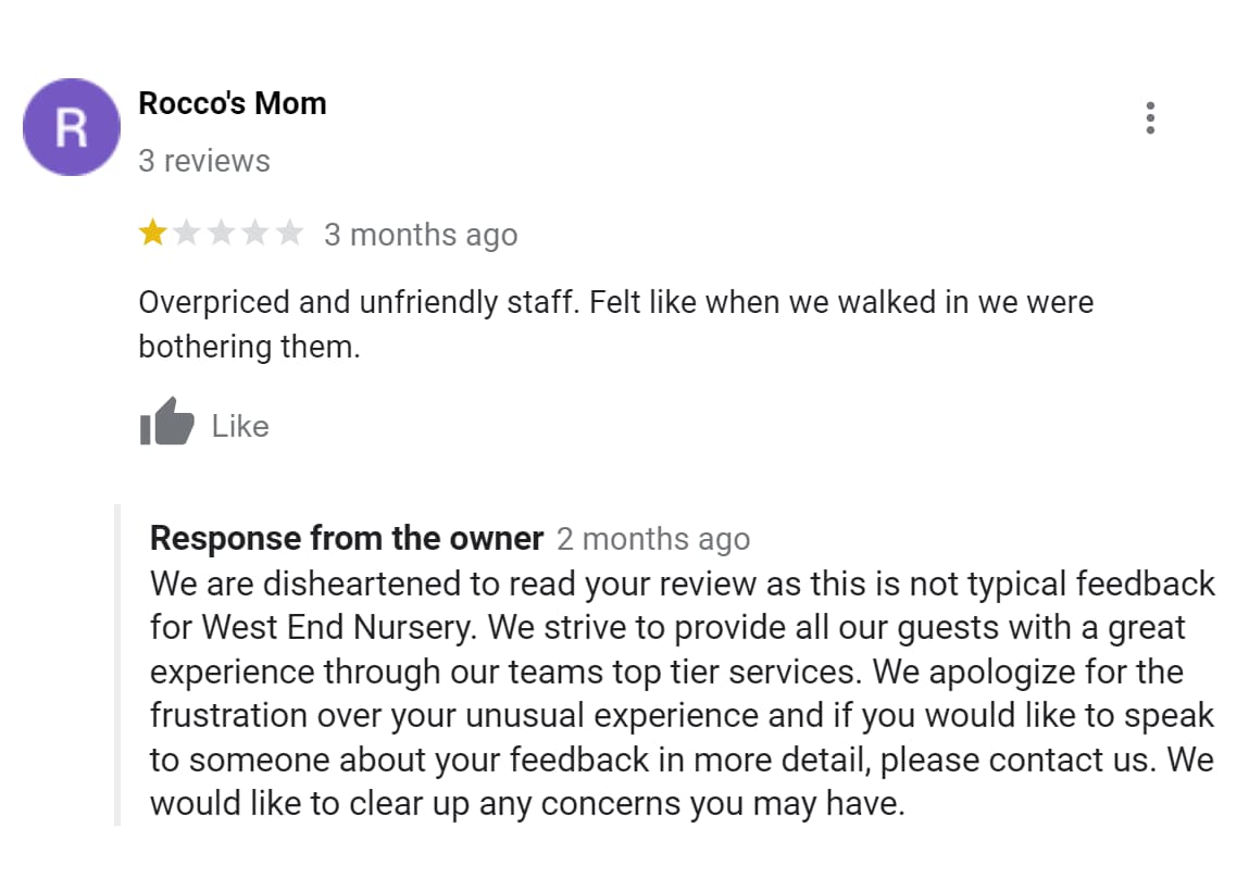 Screenshot of negative review showing a response from the owner