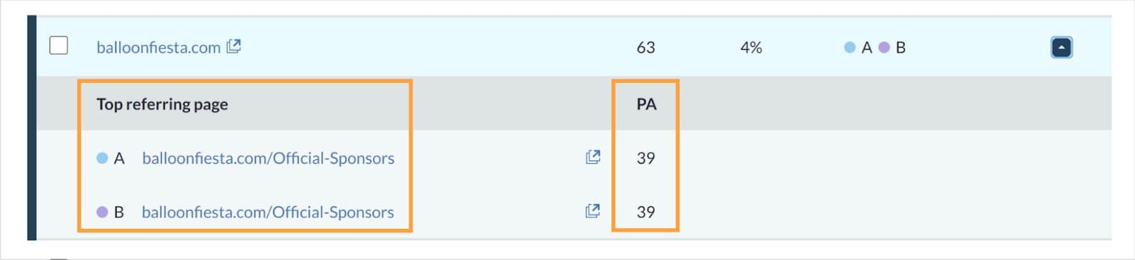 Screenshot of expanded results for the event website