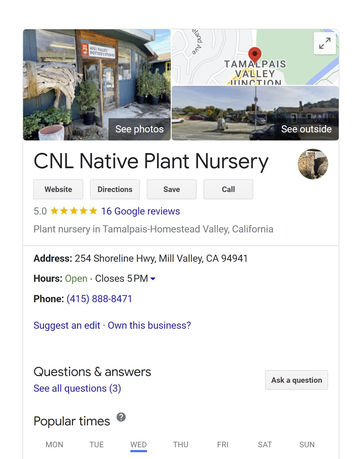 Screenshot of local business listing on Google for a native plant nursery in Mill Valley, California
