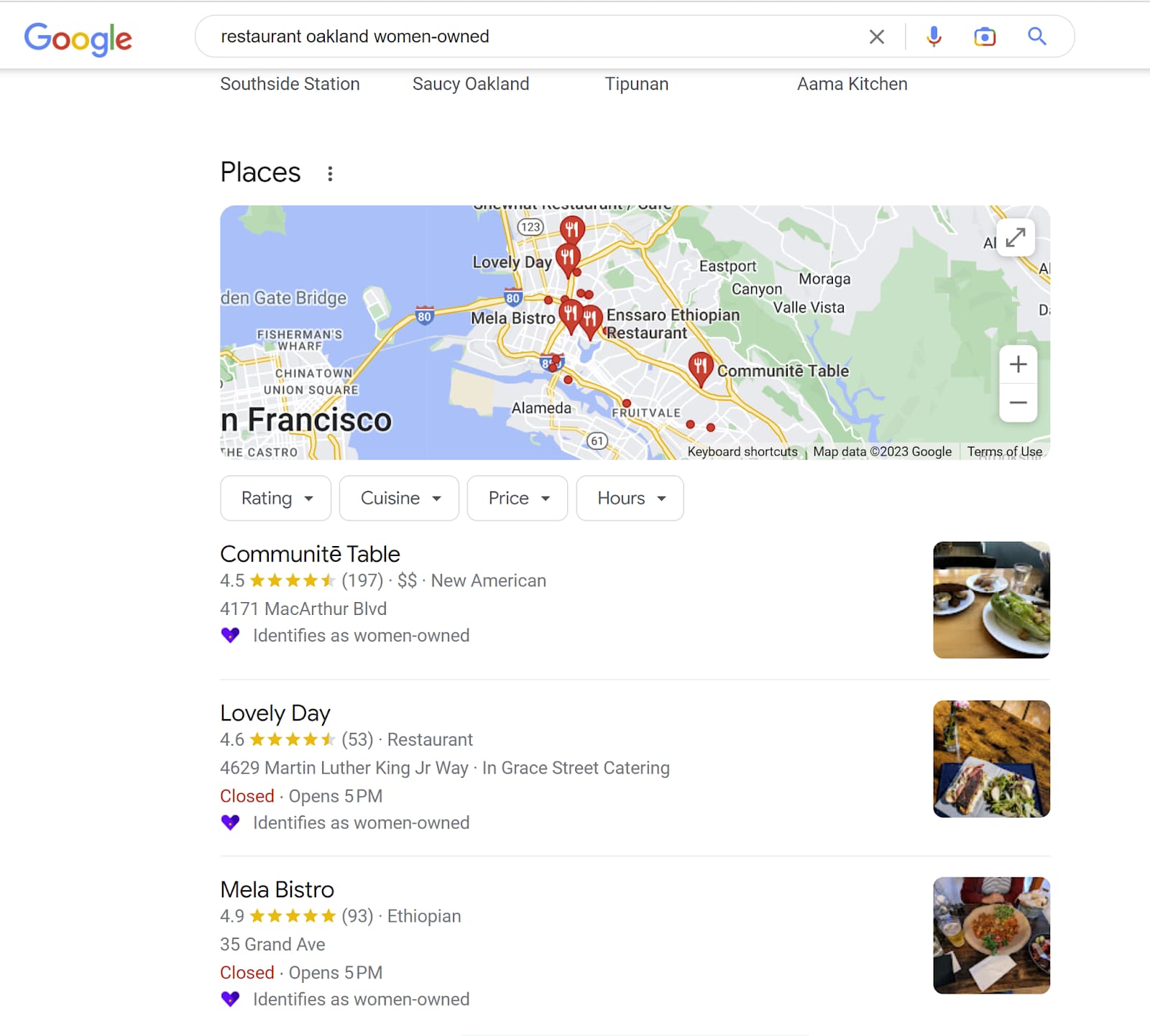 Screenshot of Google local pack search results showing attributes