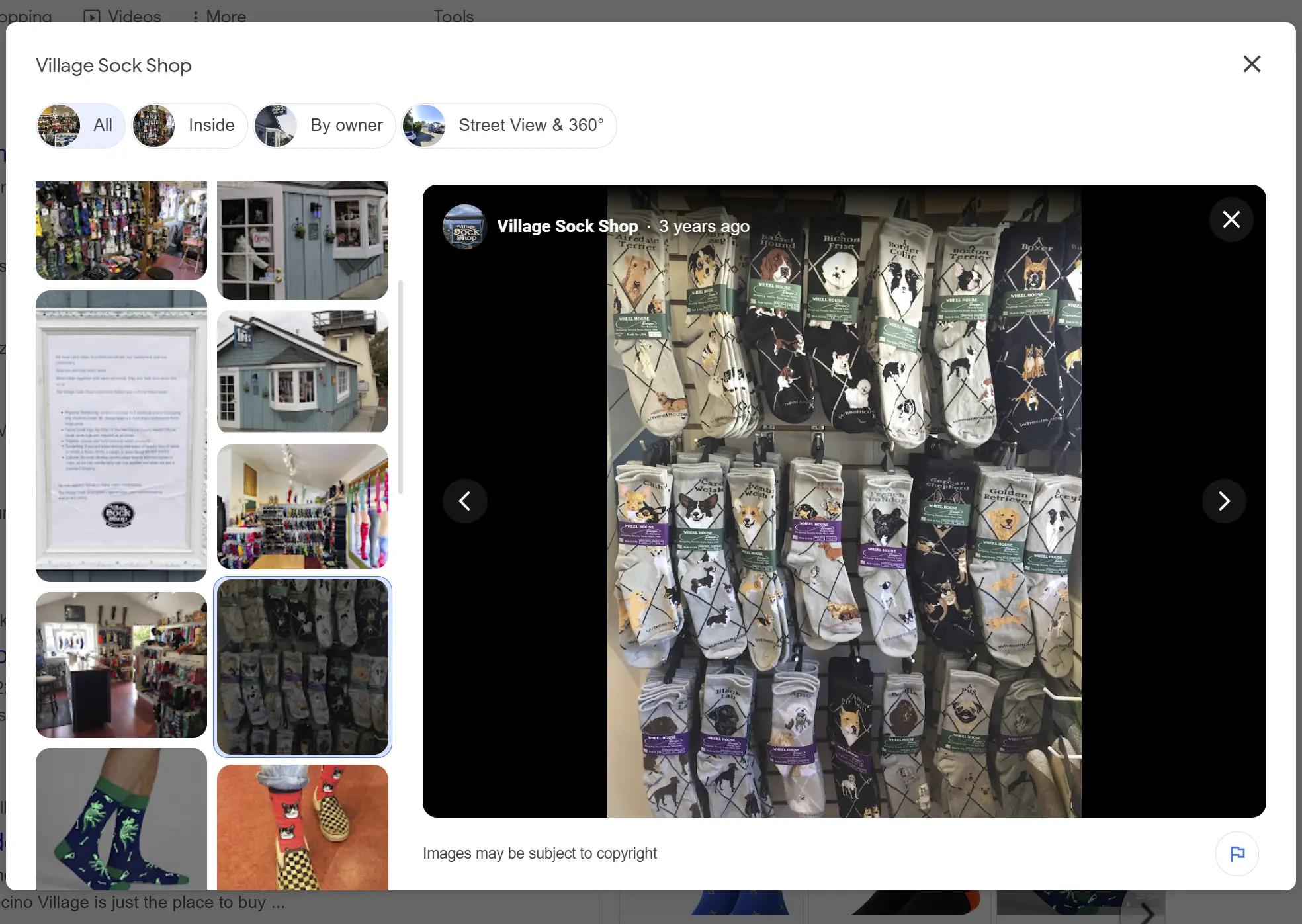 screenshot of images of inventory of a sock business