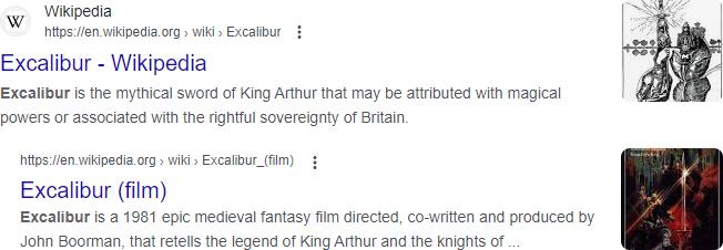 Screenshot of the Wikipedia ranking search results for the keyword 'Excalibur'