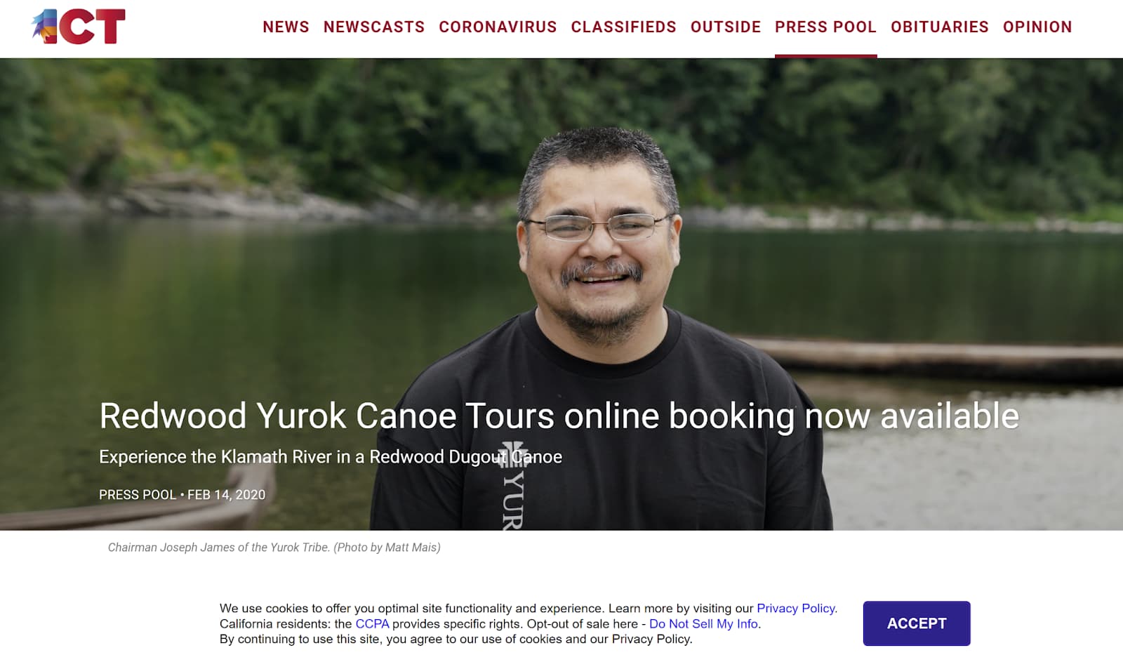 Screenshot showing a press release relating to a canoe tour business in Northern Californ