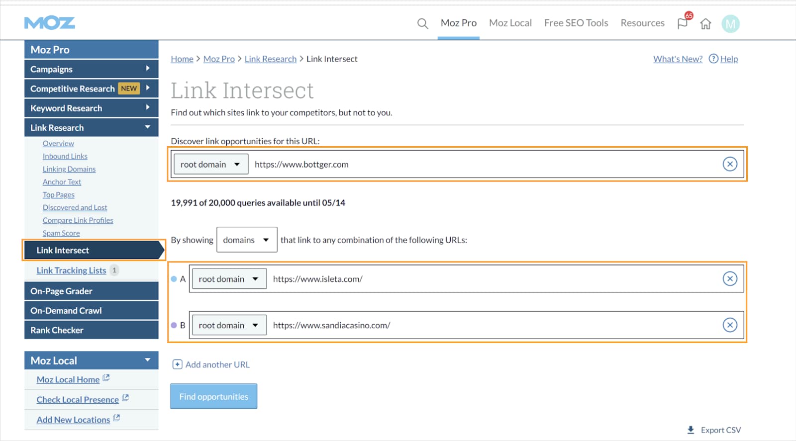 Screenshot of Link Intersect in the Moz Pro dashboard, with fields for entering your URL and the URLs of your top competitors