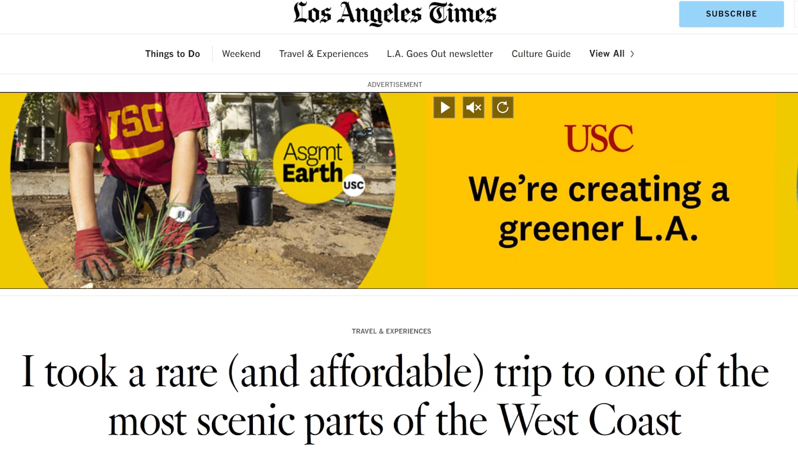 Screenshot showing an LA Times article relating to a canoe tour business in Northern California