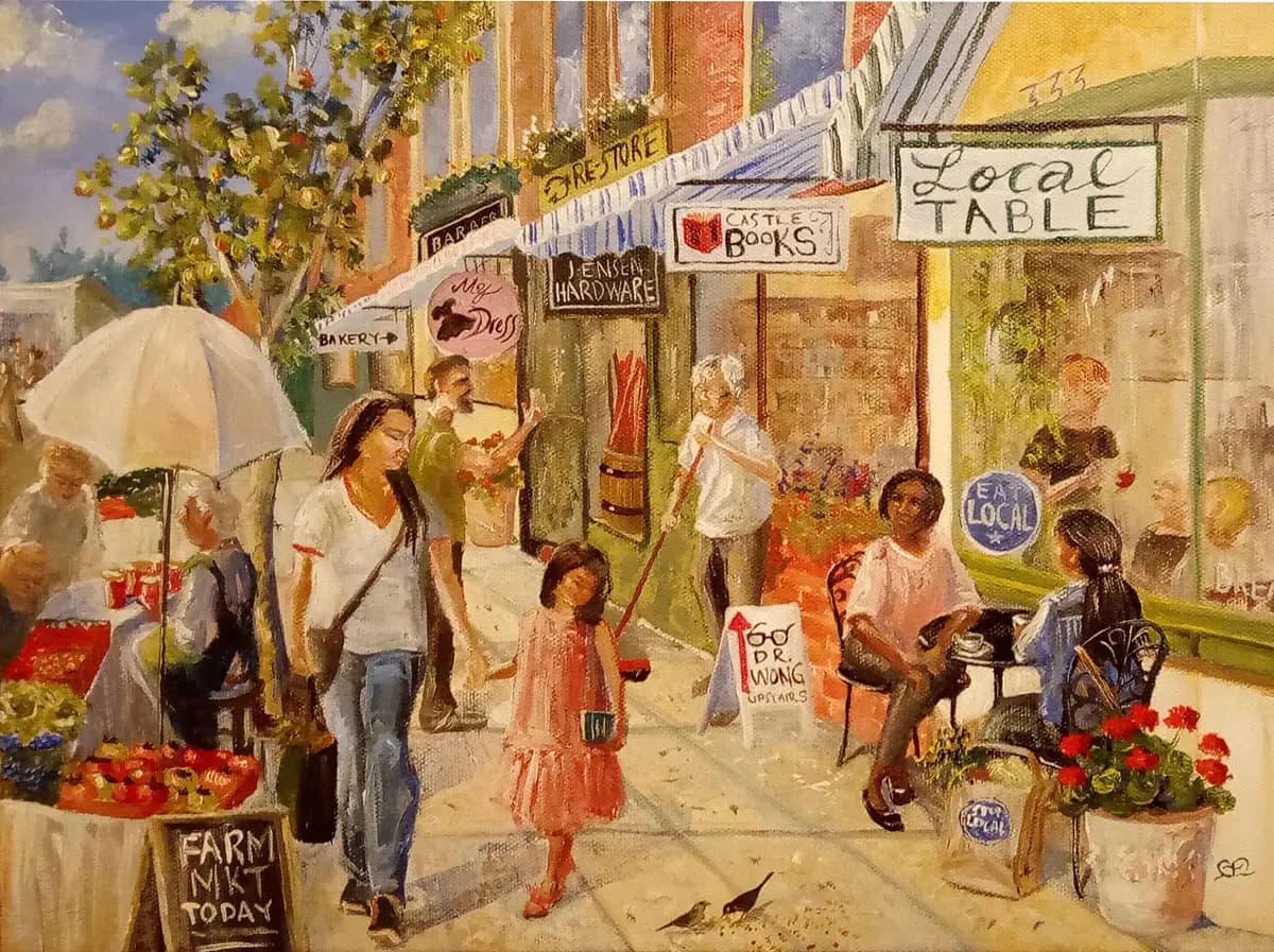 Painting by Miriam Ellis of a thriving local business main street