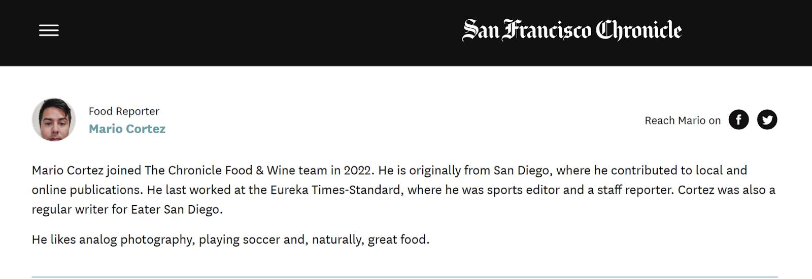Screenshot of reporter info from the San Francisco Chronicle