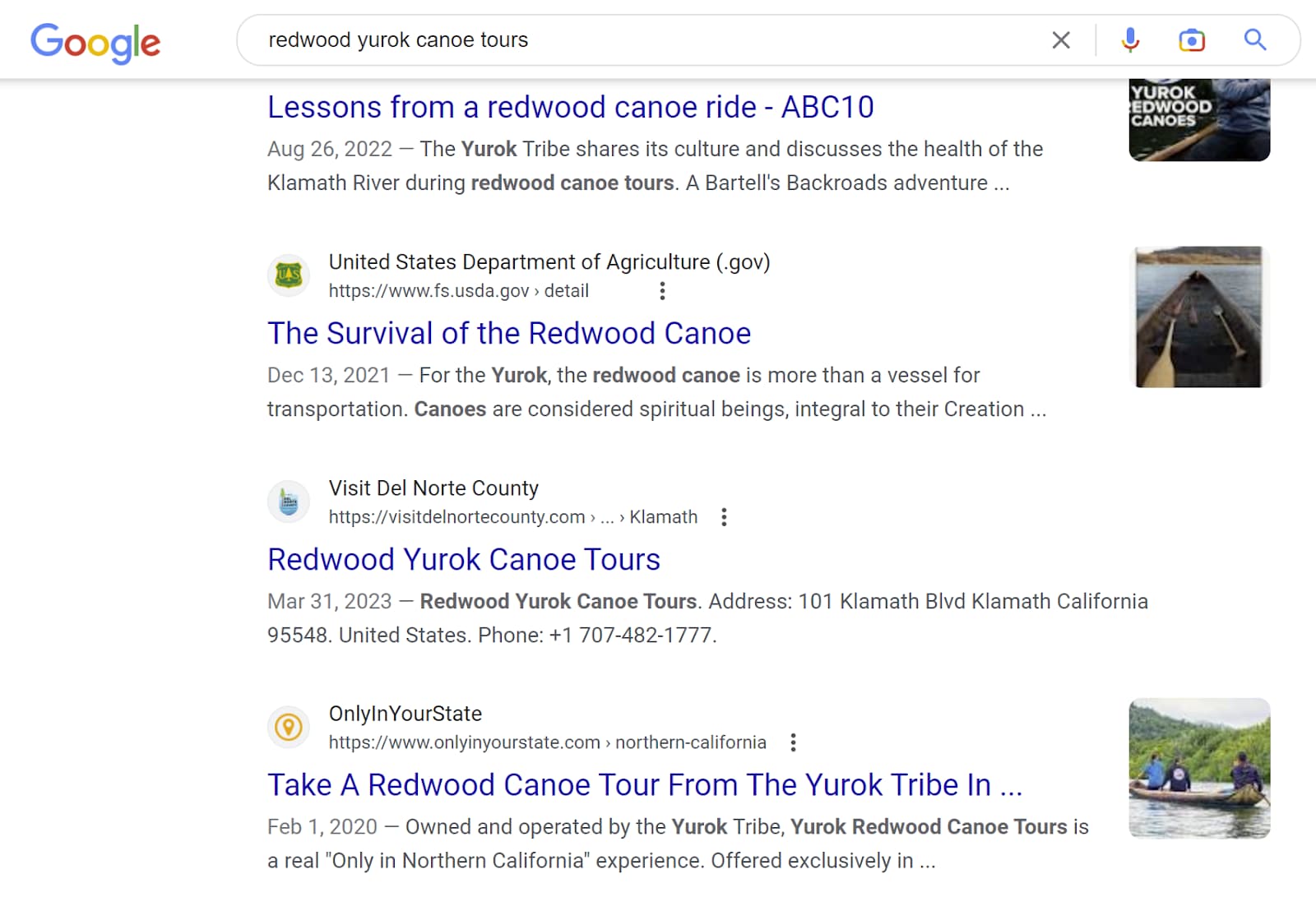 Screenshot of Google search results for "redwood yurok canoe tours"