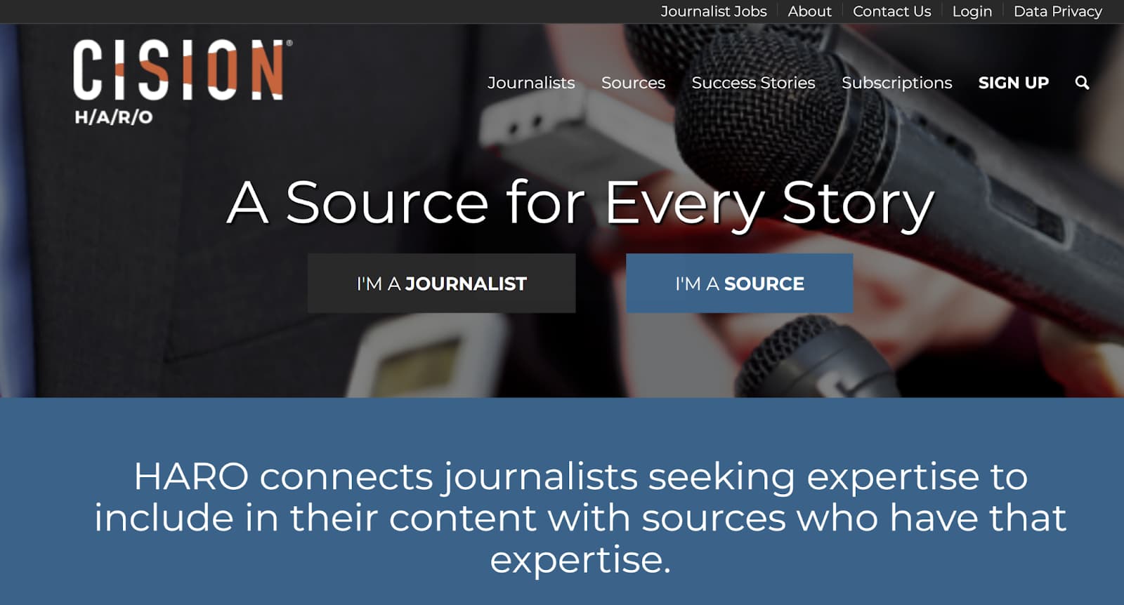 Screenshot of the HARO homepage