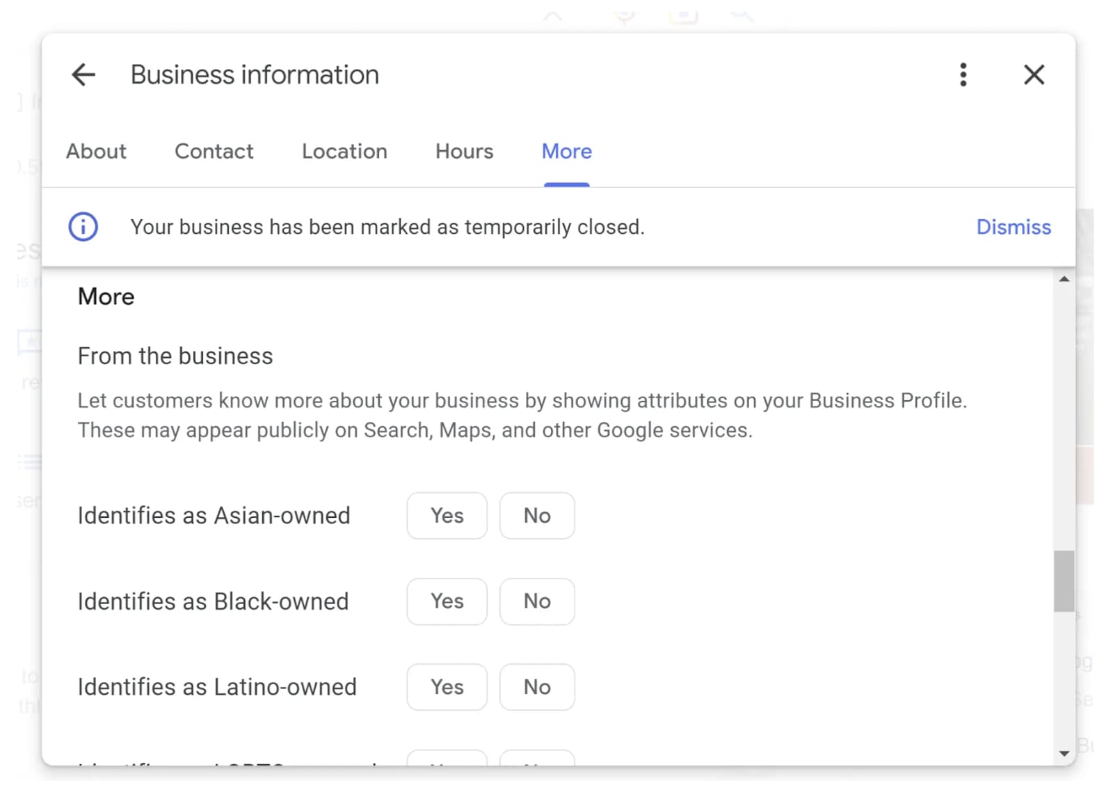 Screenshot of adding attributes to a business in Google's New Merchant Experience dashboard