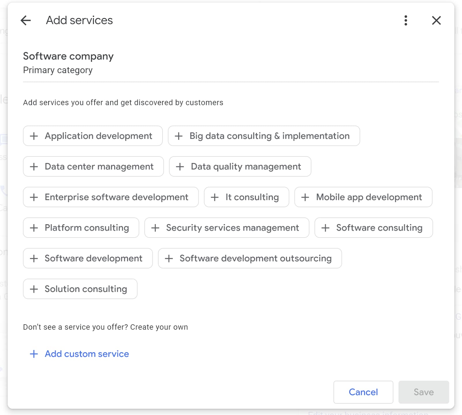 Screenshot of adding services to Google Business Profiles