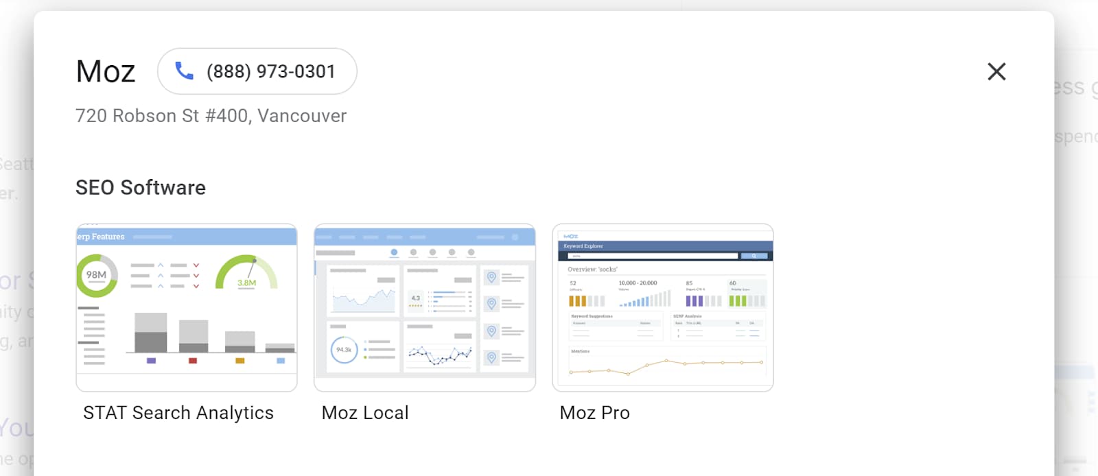 Screenshot of products offered by Moz in Google's New Merchant Experience dashboard