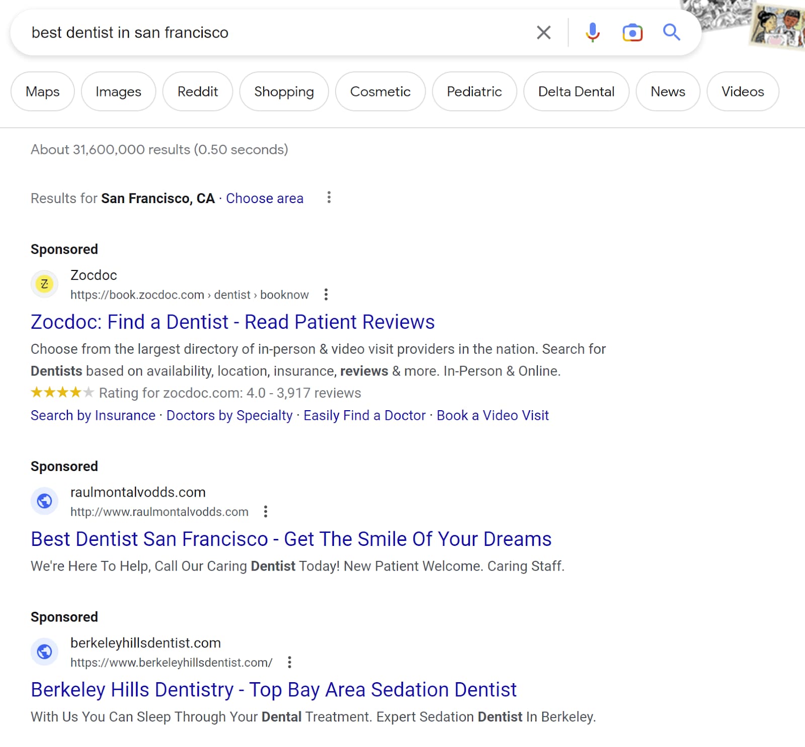 SERP for the keyword ‘best dentist in san francisco showing paid ads"