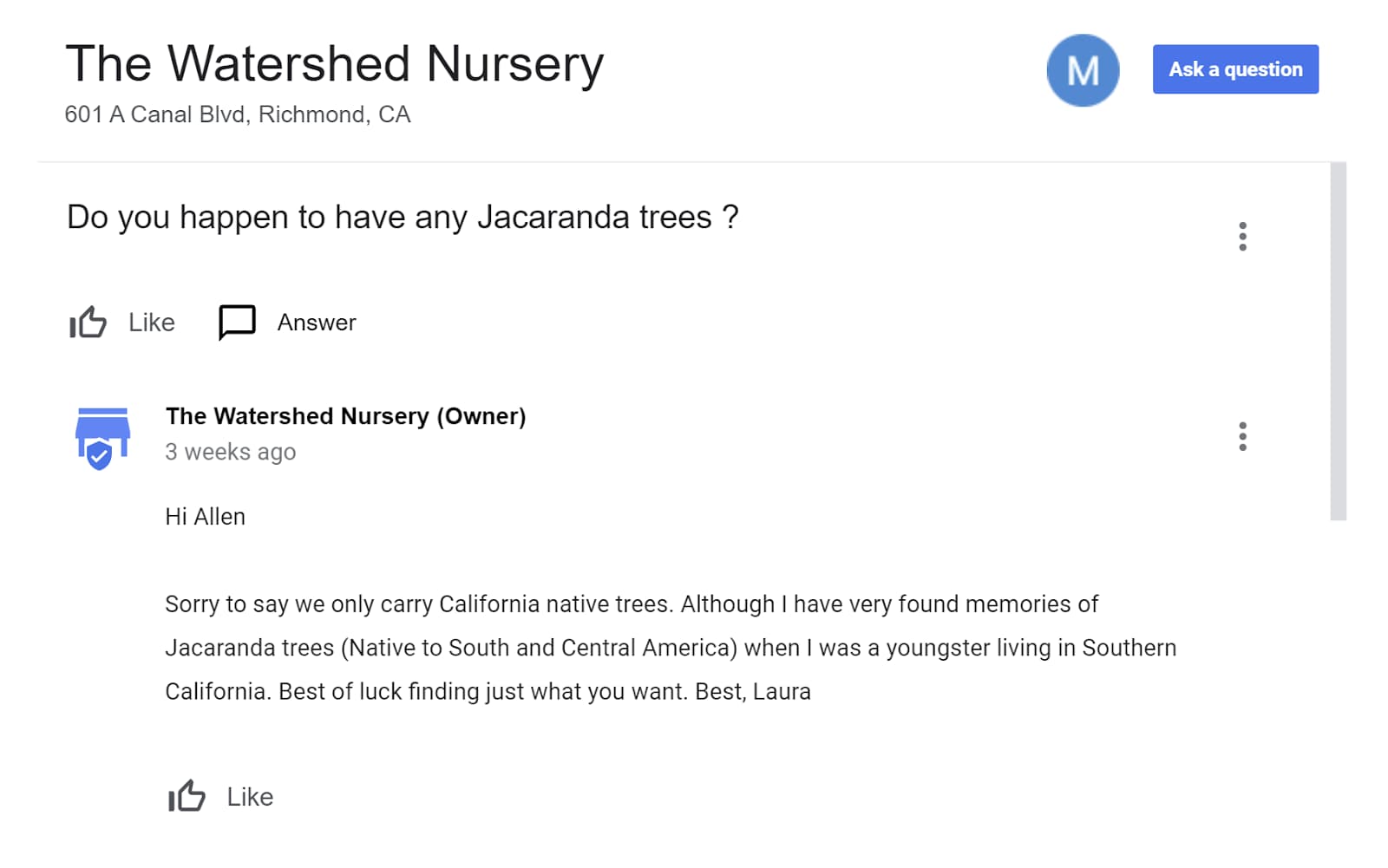 Screenshot of questions & answers function in Google