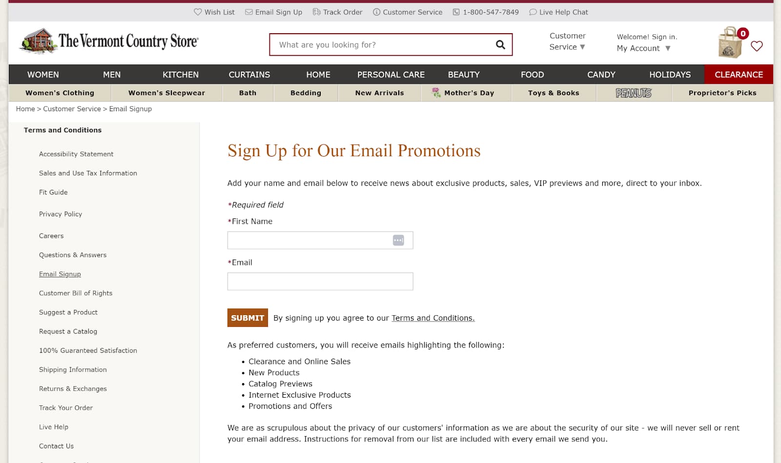 The Vermont Country Store sign-up form for email promotions