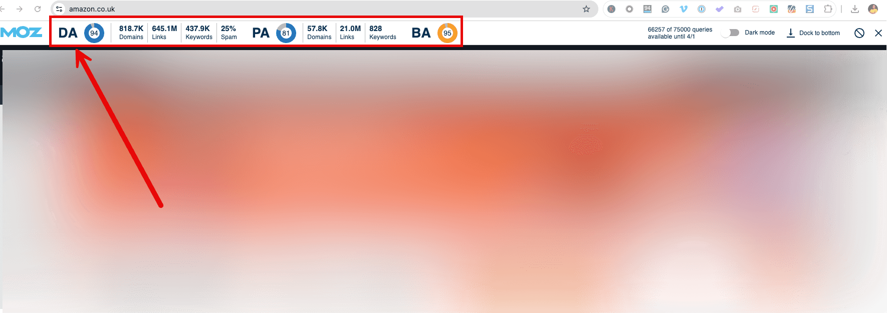 MozBar showing authority metrics