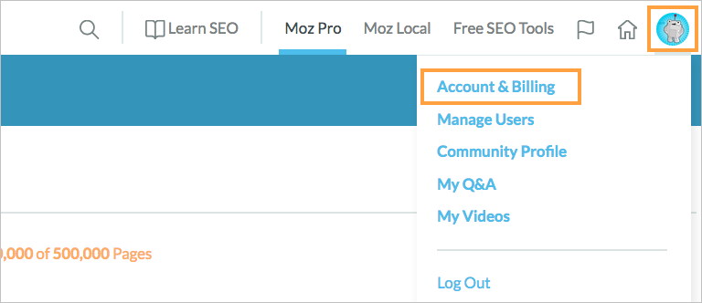 Account and billing location in the top right menu.