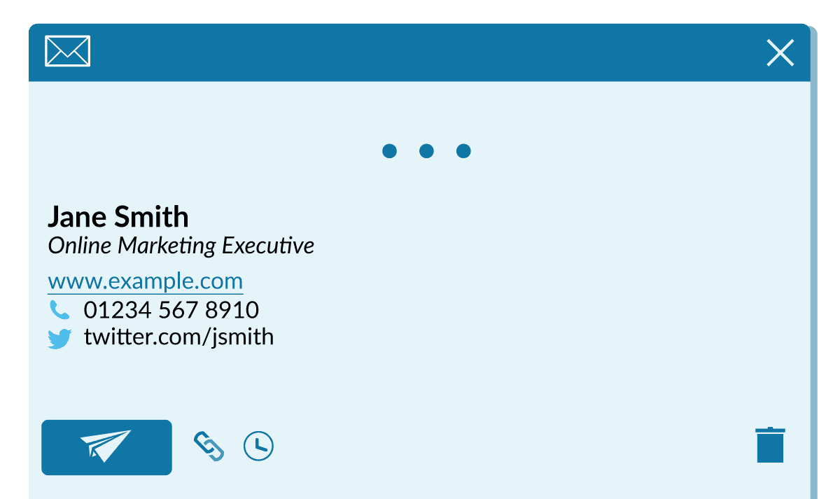 An example of an email signature, including name, job title, URL, phone number, and social media.