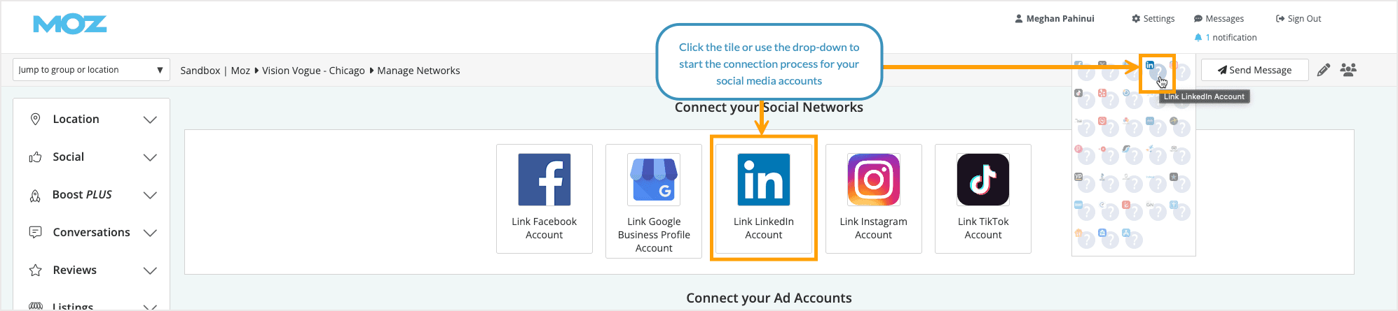 Screenshot showing where to connect additional social networks.