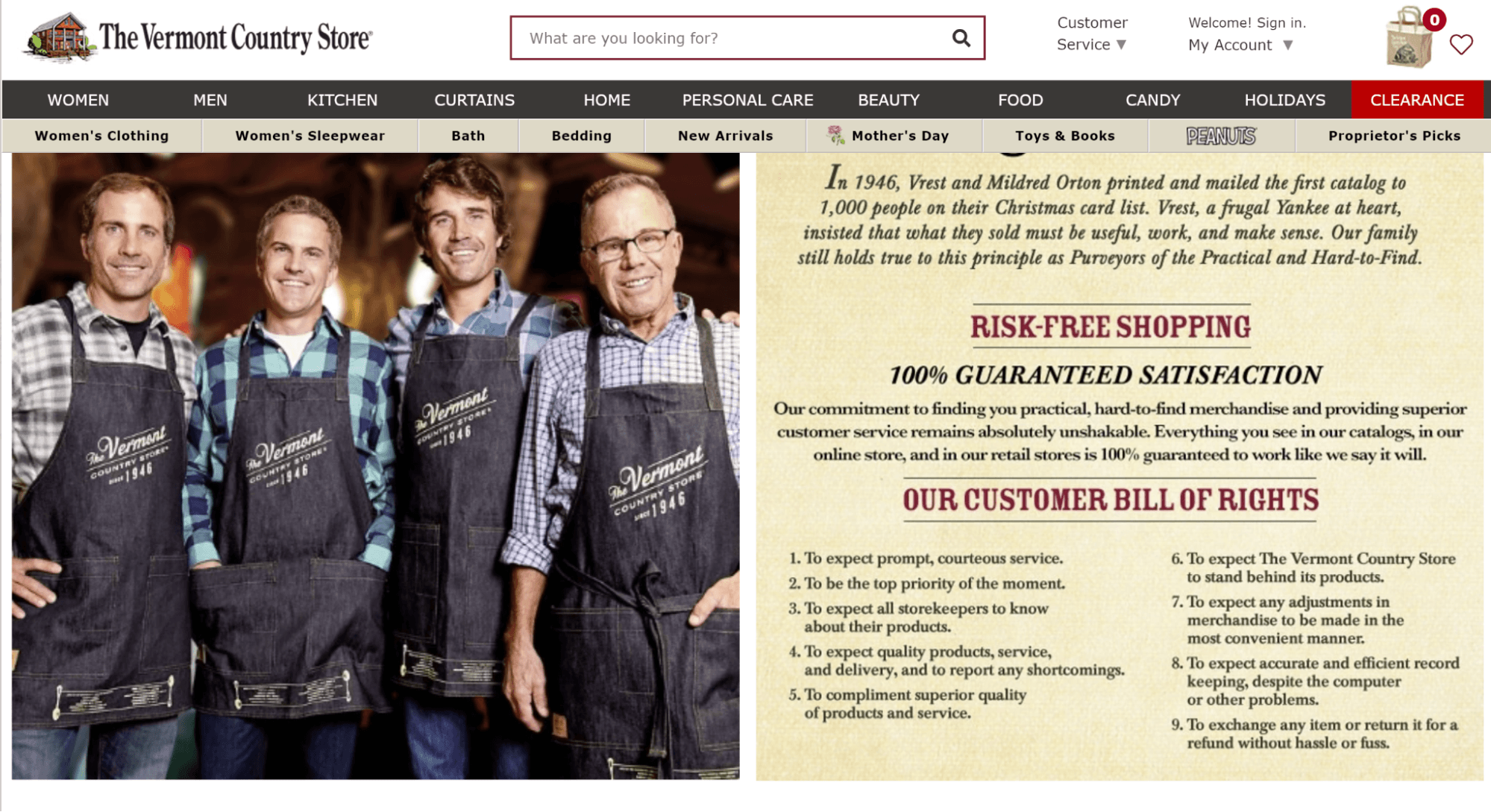 Screenshot of customer service policy page on the Vermont Country Store website