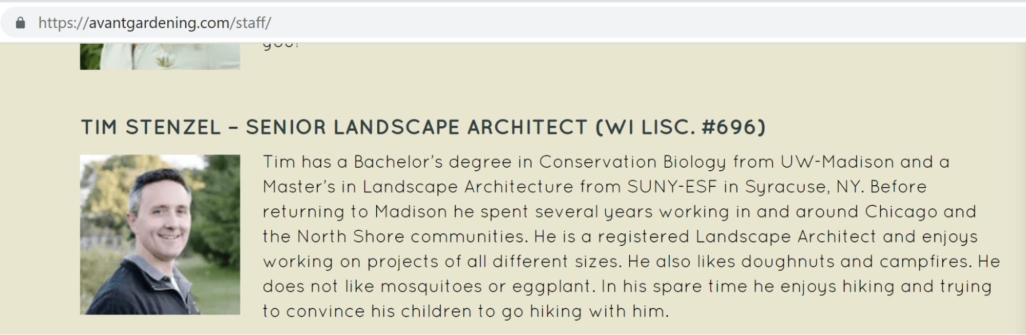 Screenshot of EEAT information on staff page of a gardening business website