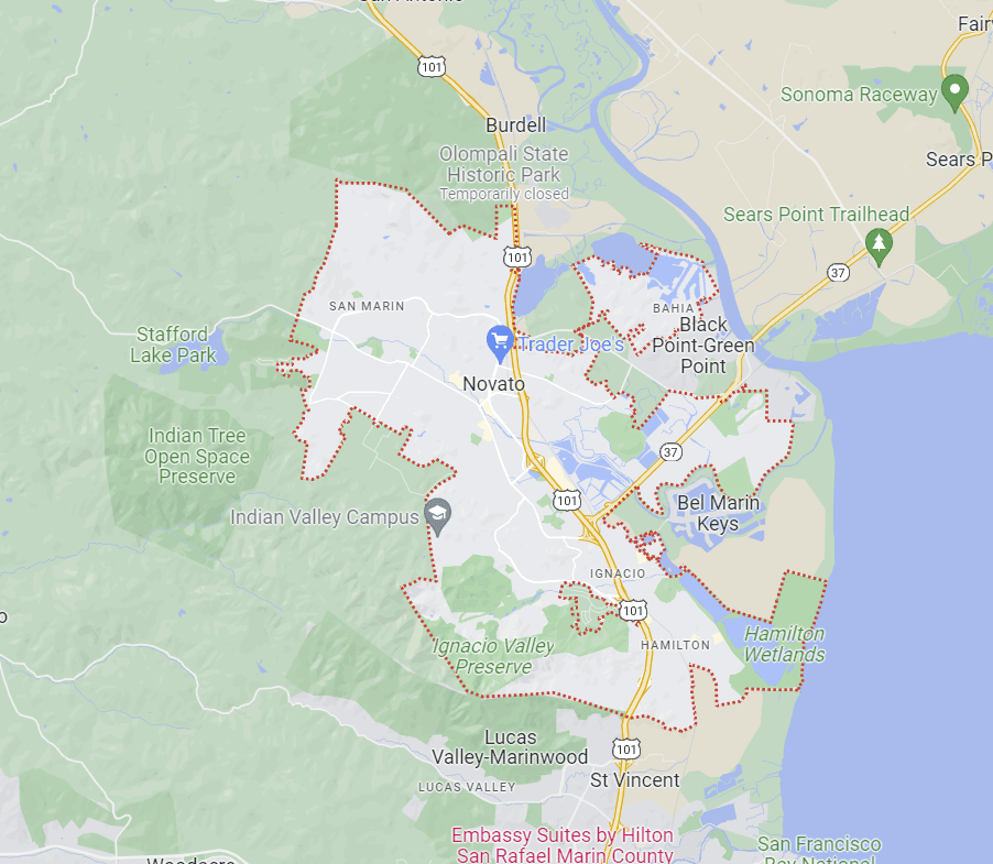 Google Maps' result for a map of Novato, California showing city border