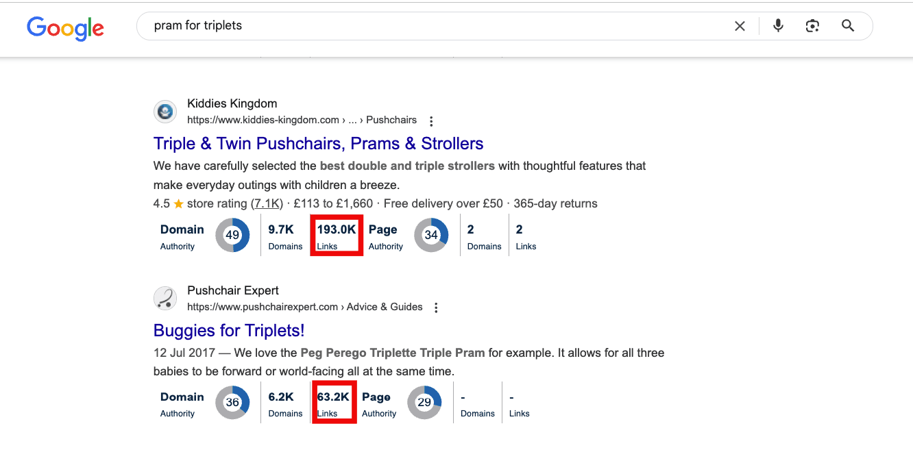 Example showing Google uses backlinks for ranking