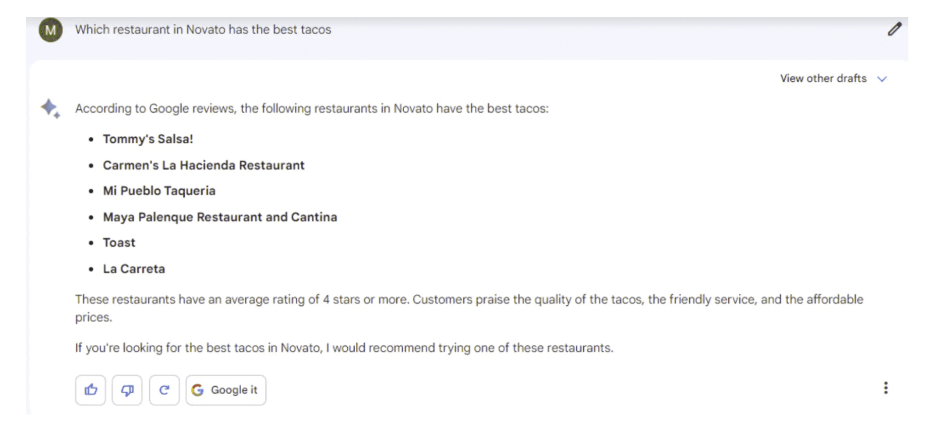 Screenshot of a local business query being performed in Google Bard