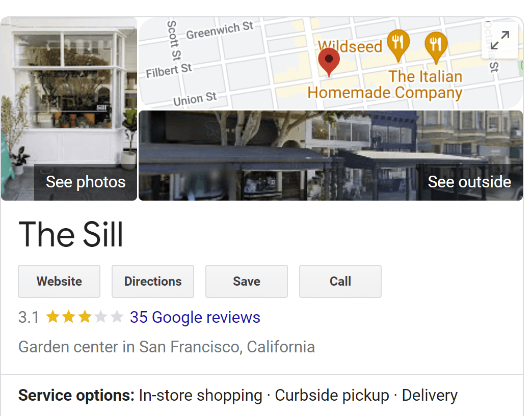 Screenshot of nursery business on Google showing fulfillment options