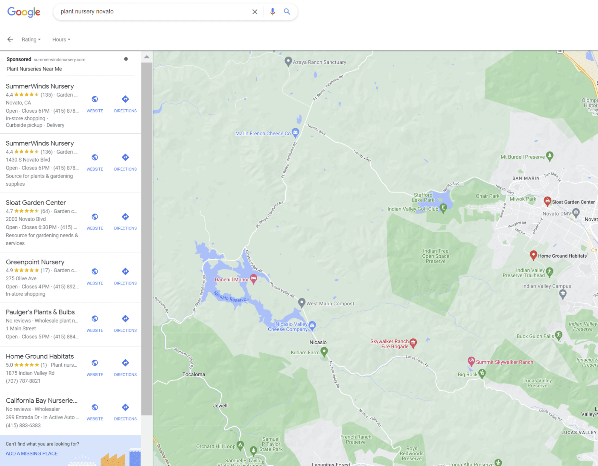 Screenshot of Google's local finder results for a plant nursery in Novato, California
