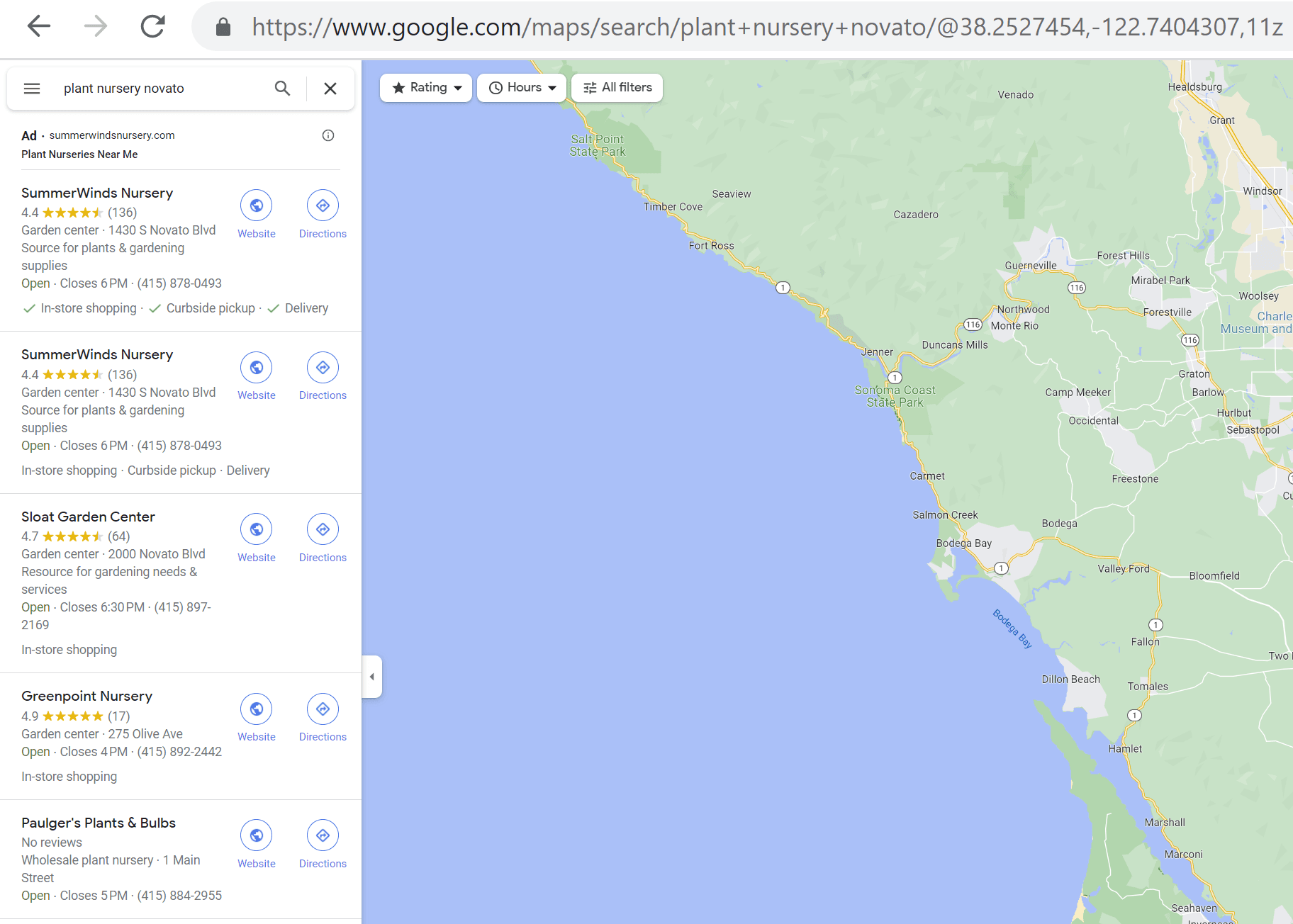 Screenshot of Google Maps result for a search for a plant nursery in Novato, California