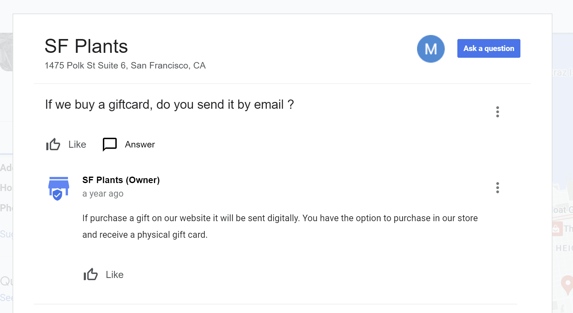 Screenshot of Google Questions and Answers being answered by a business owner