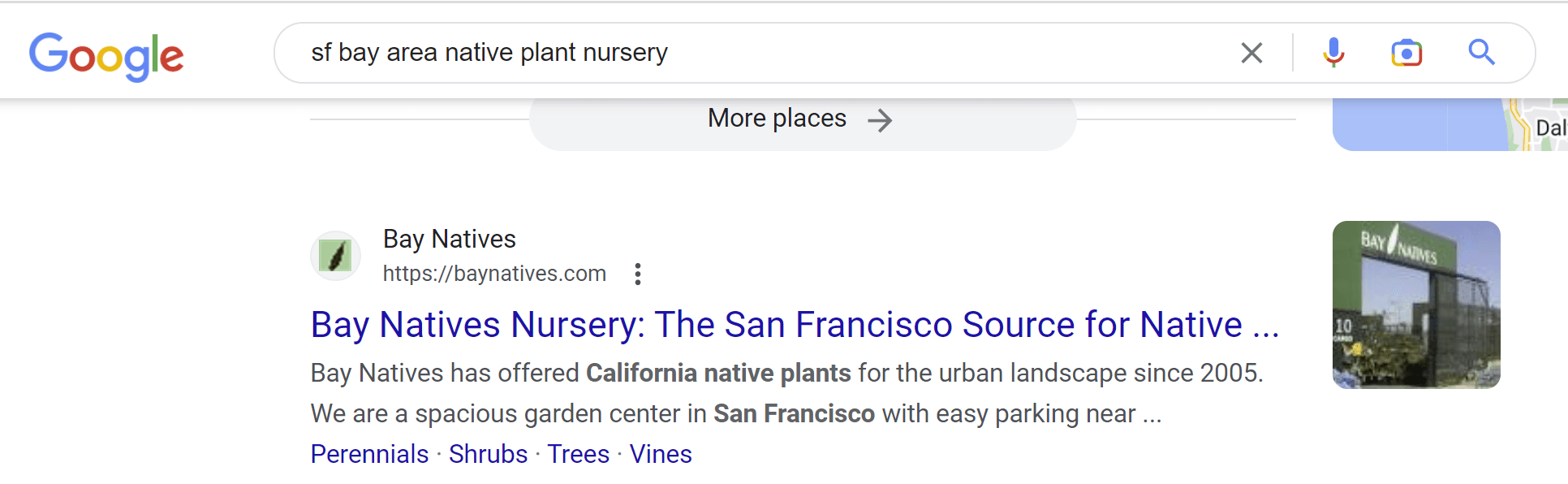 Screenshot of Google results page for a search for "sf bay area native plant nursery"