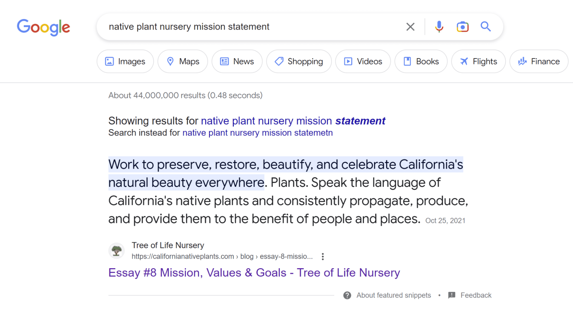 A search on Google showing the mission statement of a native plant nursery