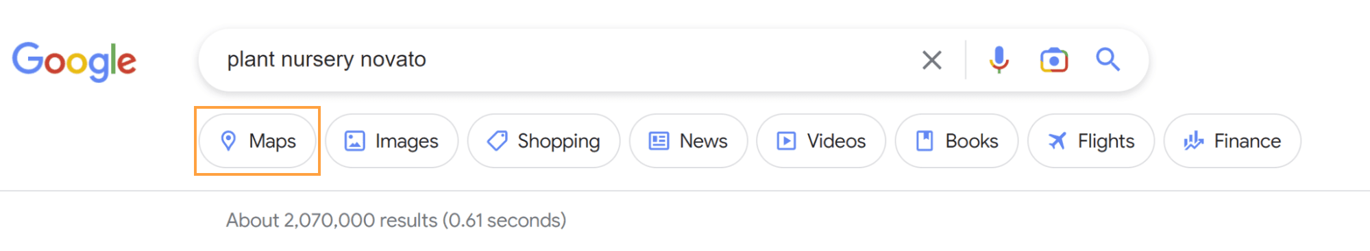Screenshot of Google search results with Maps tab outlined.