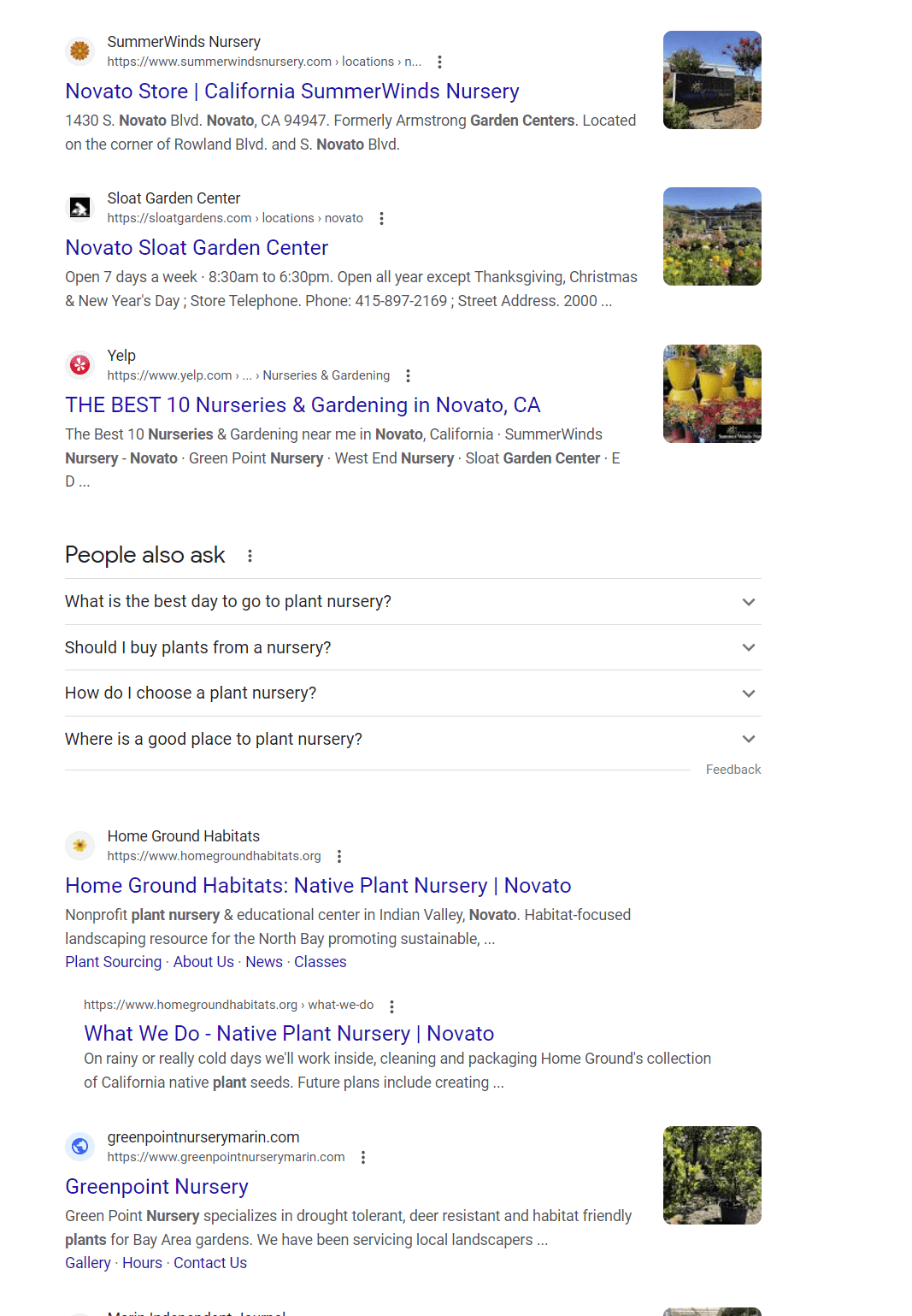 Screenshot of Google's adjusted organic search results for a plant nursery in Novato, California