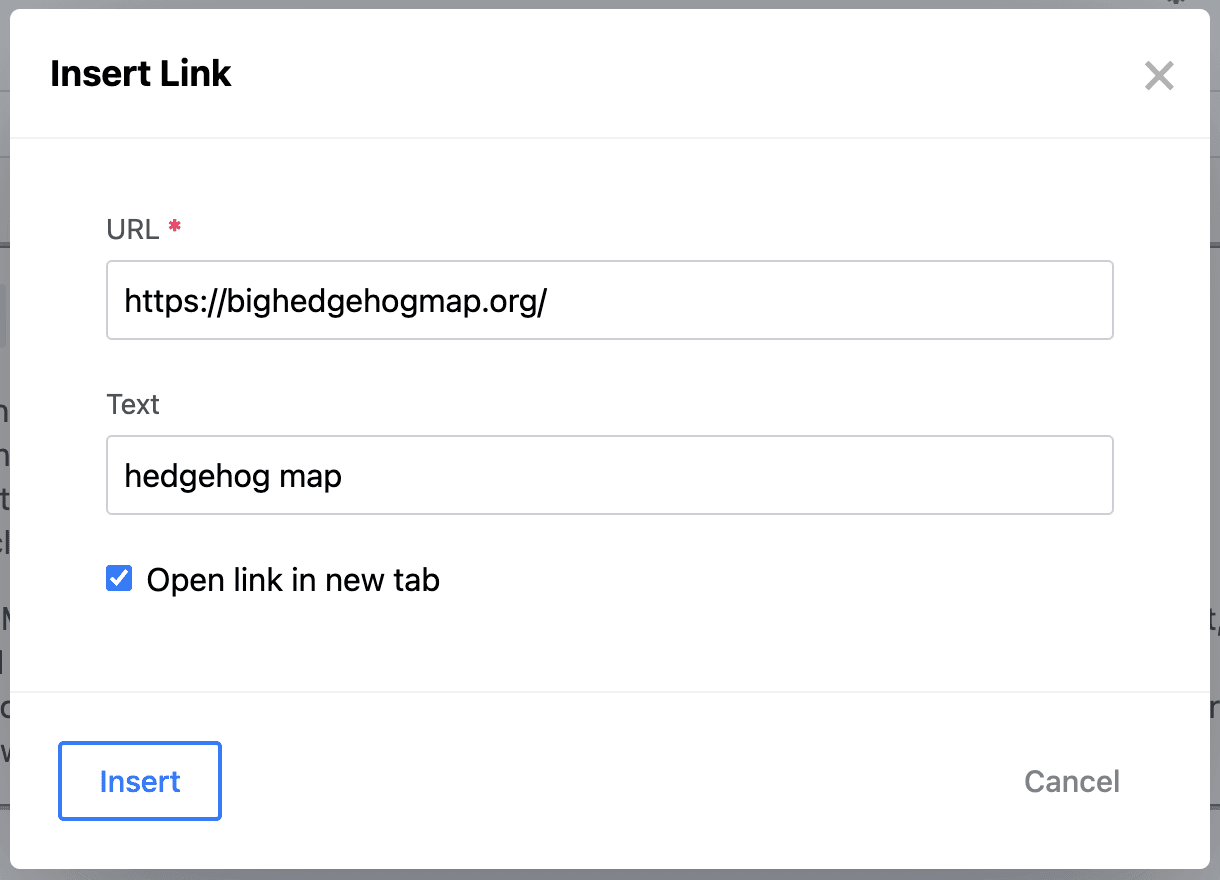 Example of an section in a CMS for inserting a link into text content