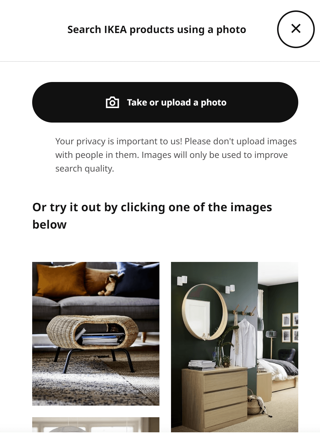 screenshot of IKEA photo upload page for visual search