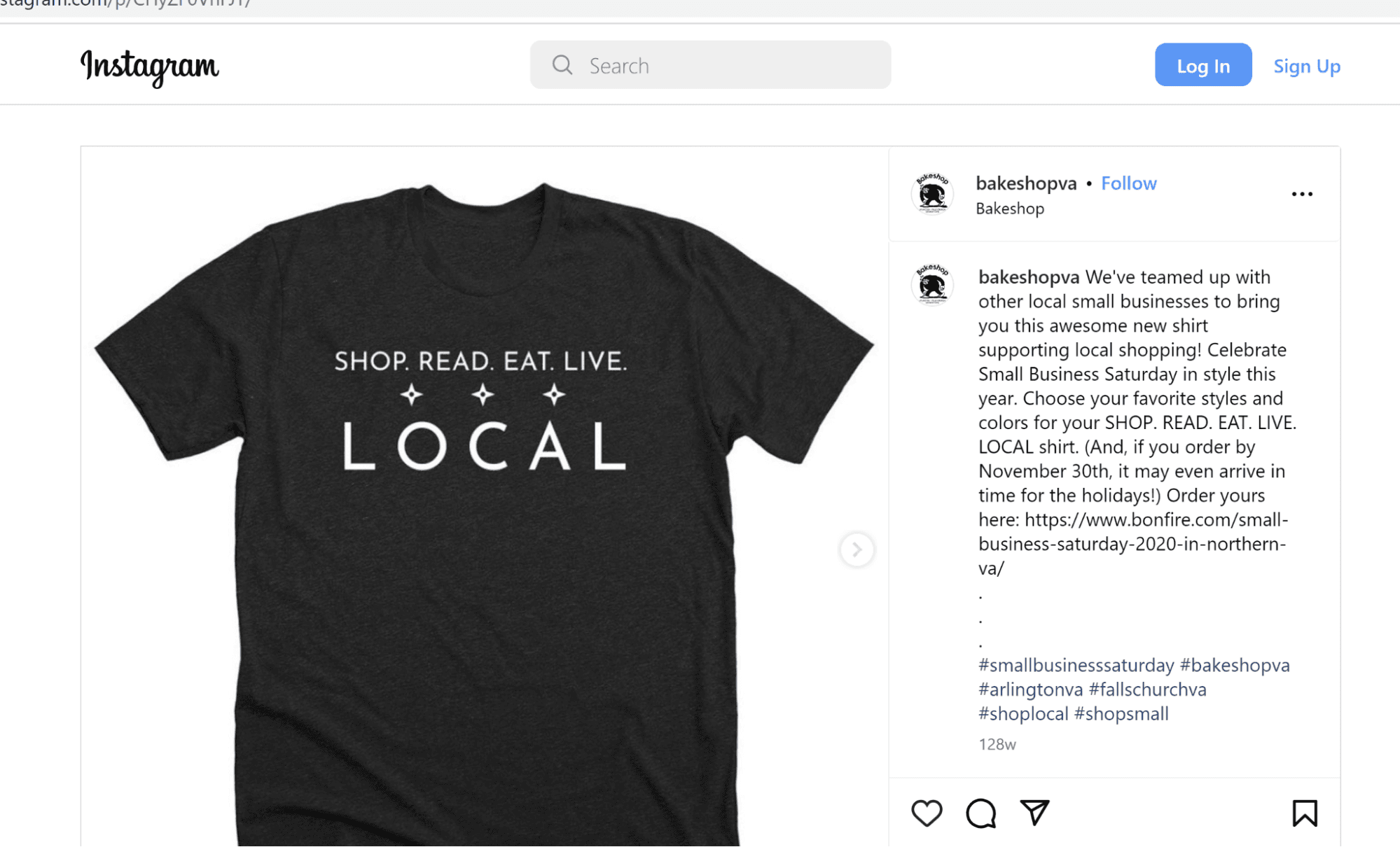 An instagram post offering a shop, read, eat, live local t-shirt in a joint local business promotion