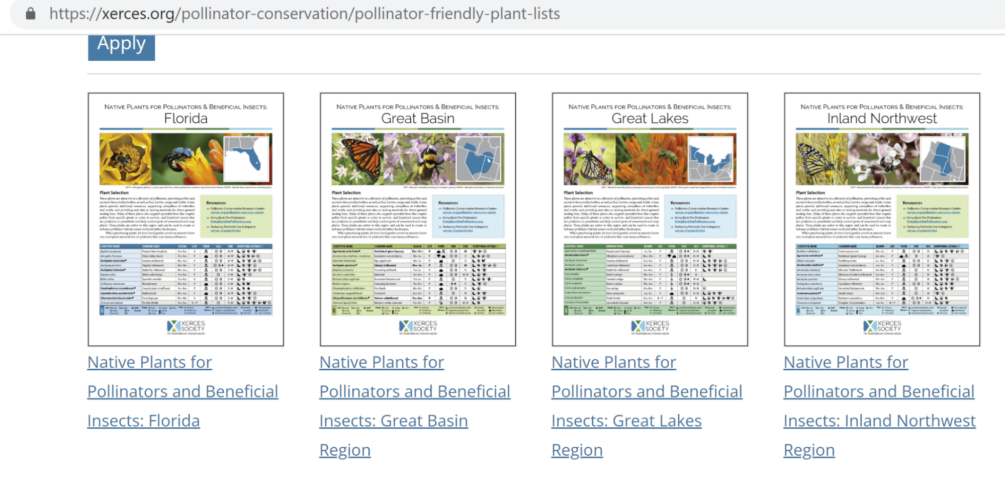 screenshot of internal link structure of a website for native plants for pollinators