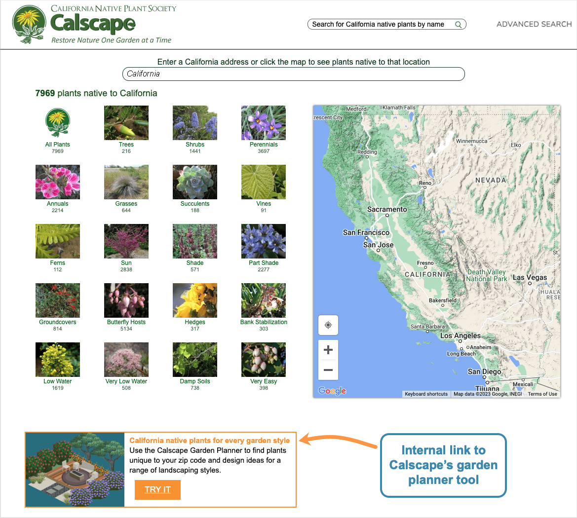 Example of an internal link on calscape.org which links to their gardenscape tool