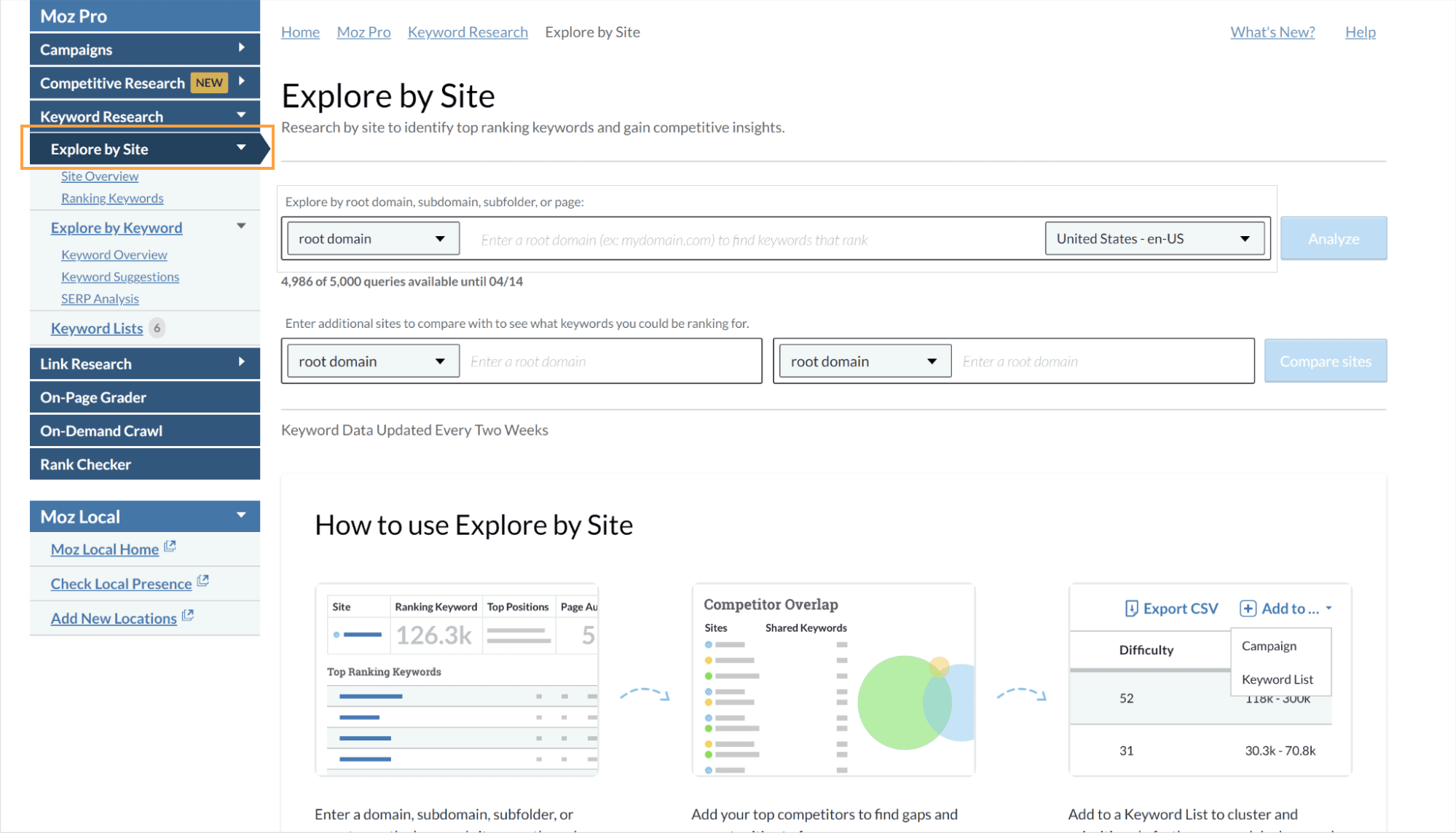 screenshot of Moz Pro Explore by Site dashboard