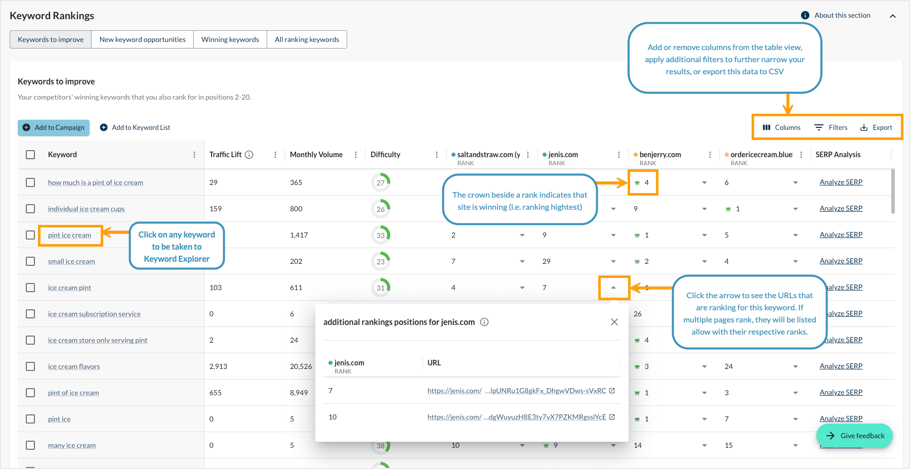 Screenshot of the ranking keywords table highlighting additional features that are noted above.