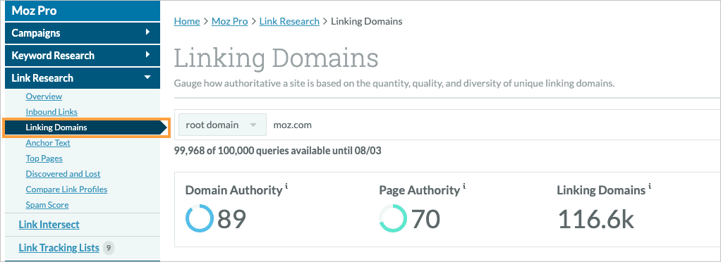 Link Explorer linking domains menu location.