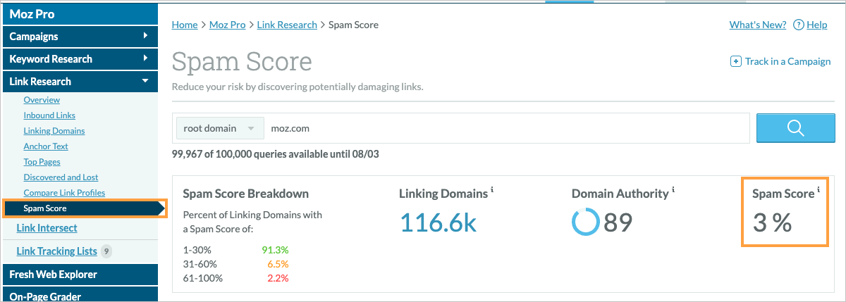 Location of Spam Score in the left hand navigation menu.