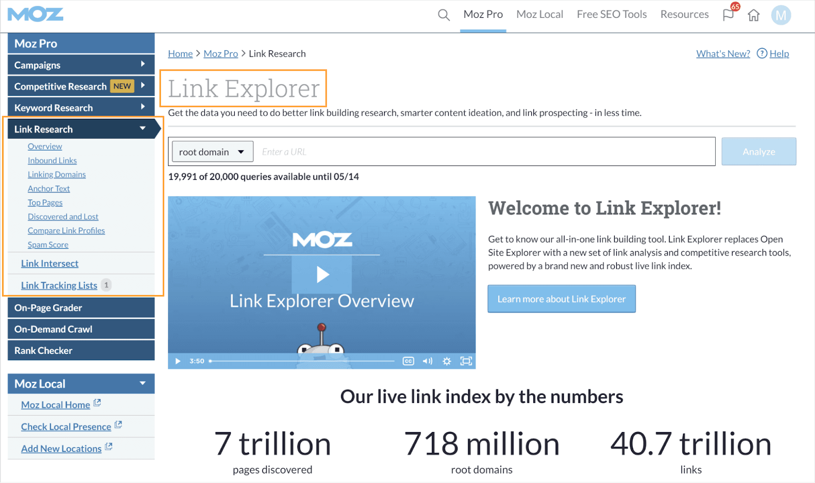Link Research tool in Moz Pro