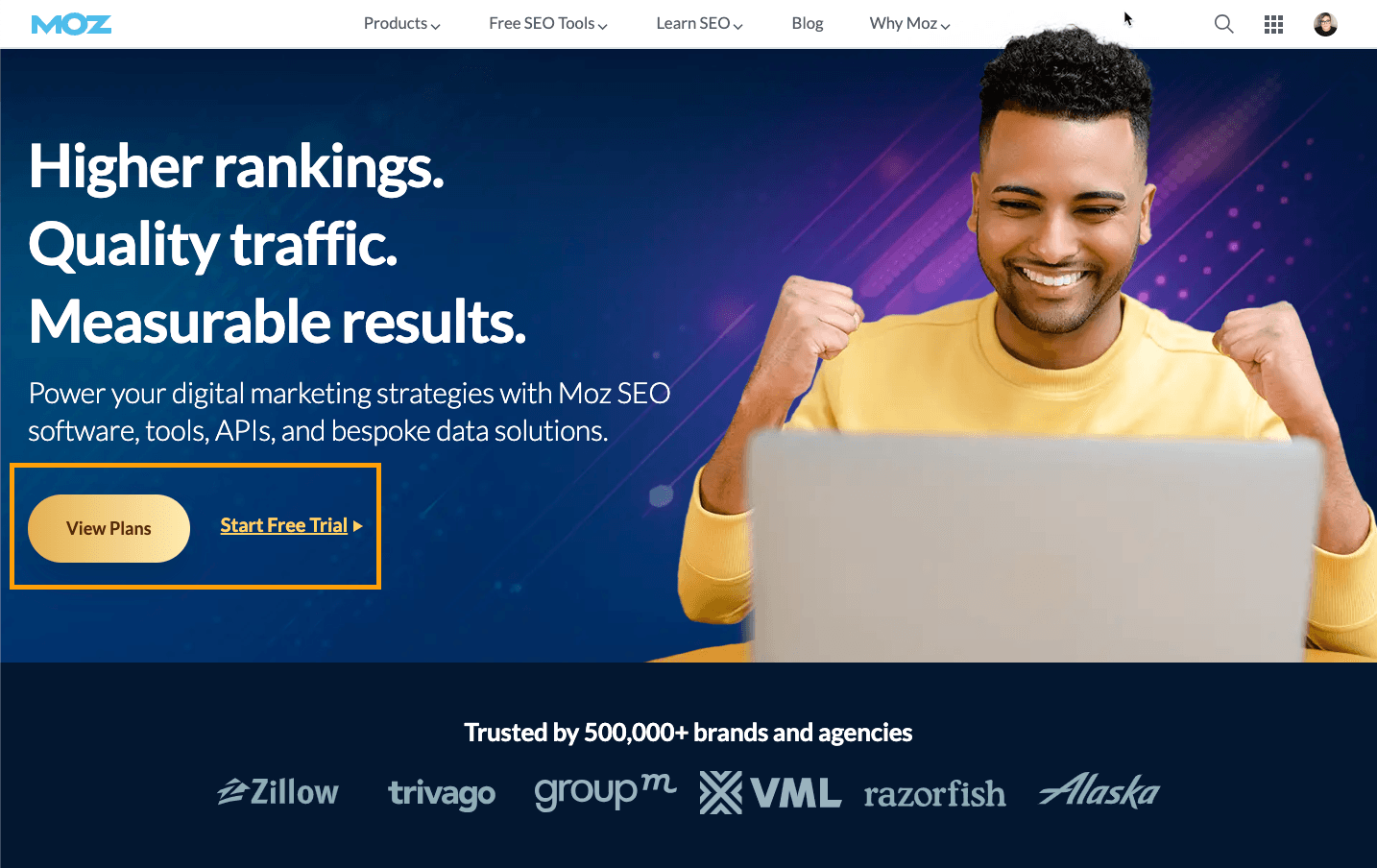 screenshot of Moz Pro page with CTA button