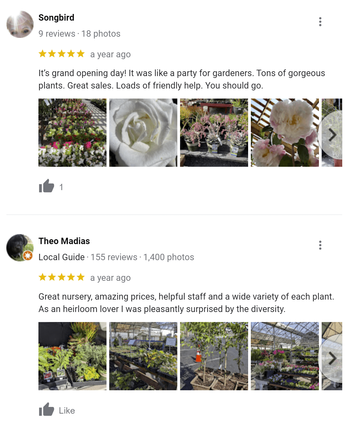 Screenshots of positive five star reviews of nursery
