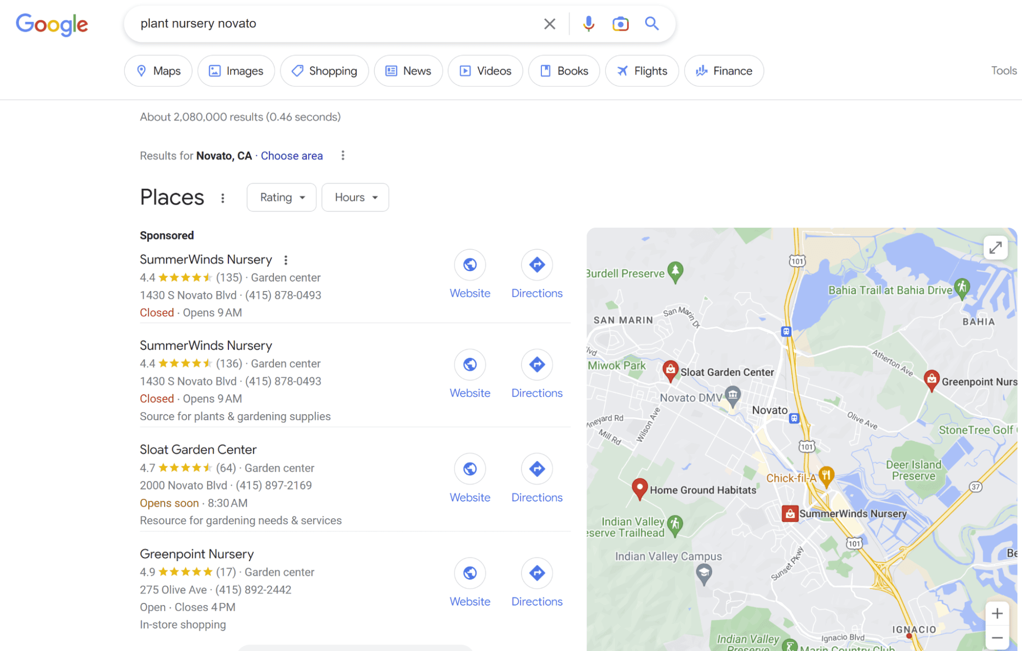 screenshot of Google's local pack results for a plant nursery in Novato, California